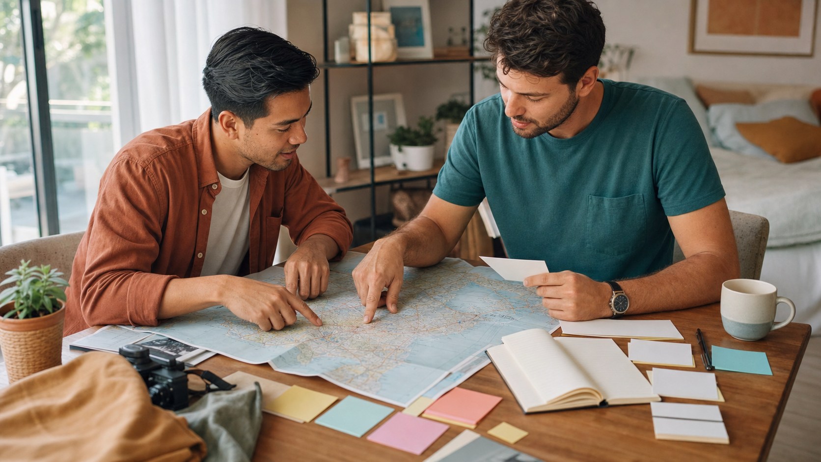 Two travelers collaborating over a paper map, notes and itinerary cards