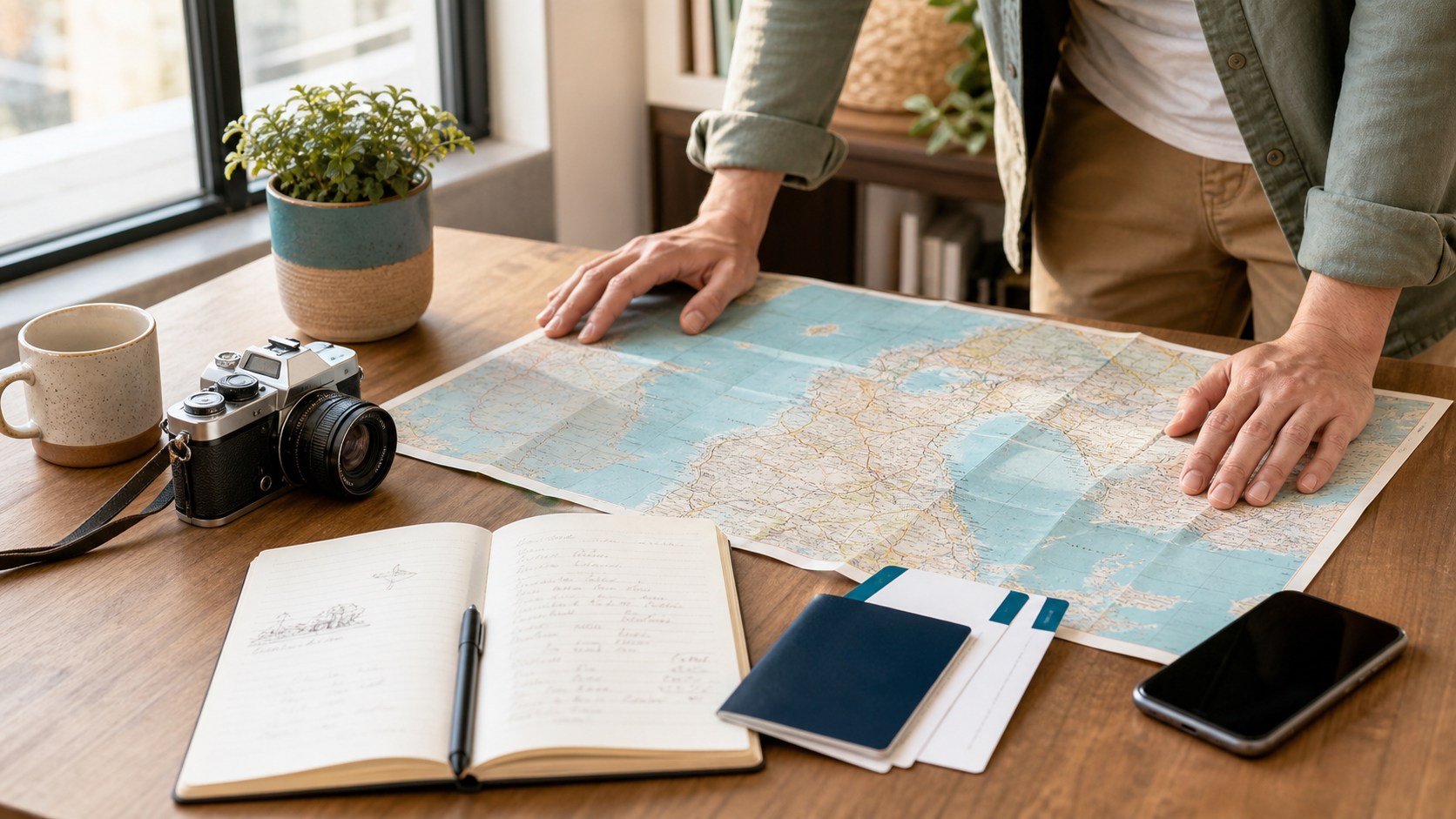 A traveler organizing a paper map, notebook and travel documents on a desk